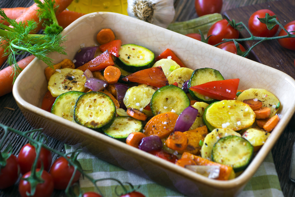 A tray of roasted vegetables