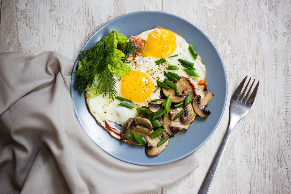 Breakfast plate with two eggs and mushrooms