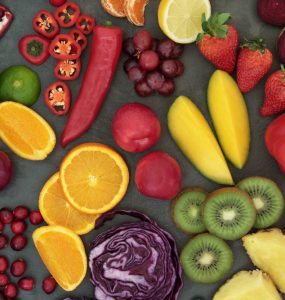 An array of fruit and vegetables which are high in antioxidants