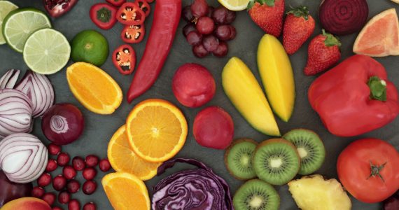 An array of fruit and vegetables which are high in antioxidants