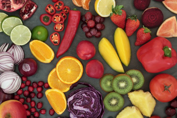 An array of fruit and vegetables which are high in antioxidants