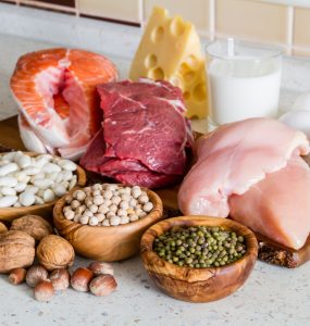 Meat and Vegetarian sources of protein on kitchen worktop