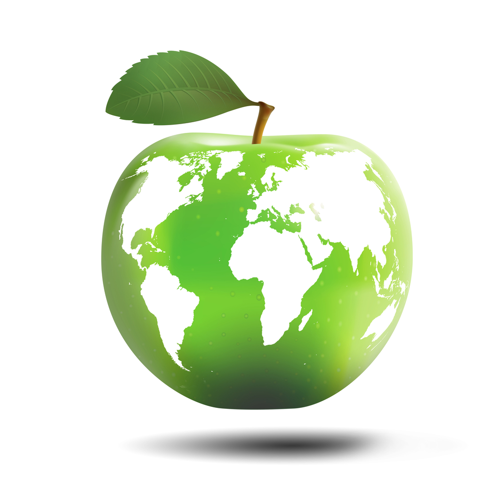 An apple with an outline of the world map on to represent healthy diet healthy planet