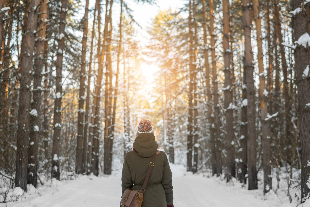 Woman taking a winter walk in snowy woodland