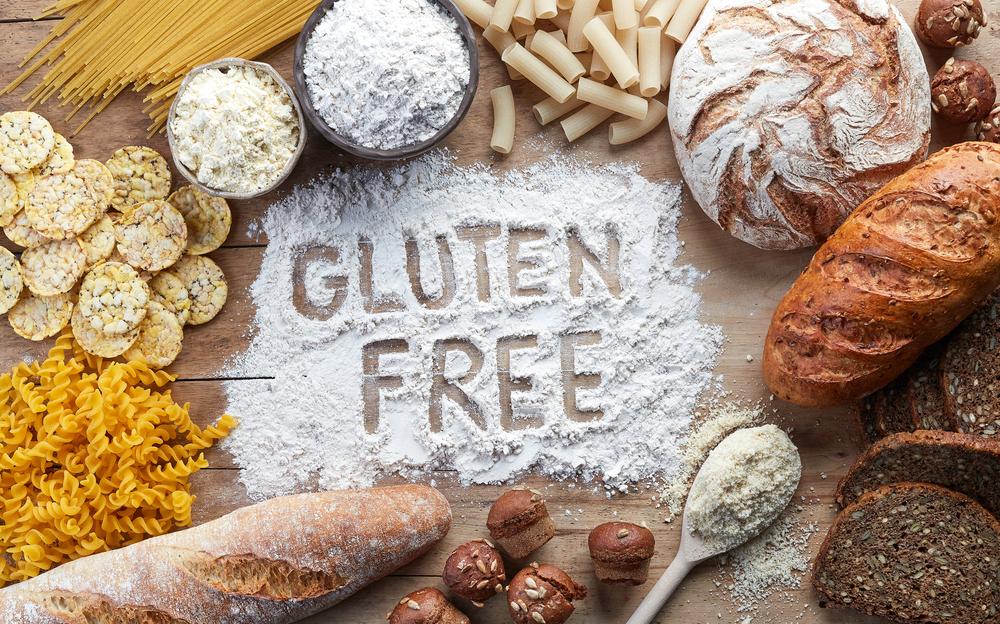 Gluten free wording in flour surrouded by gluten free foods