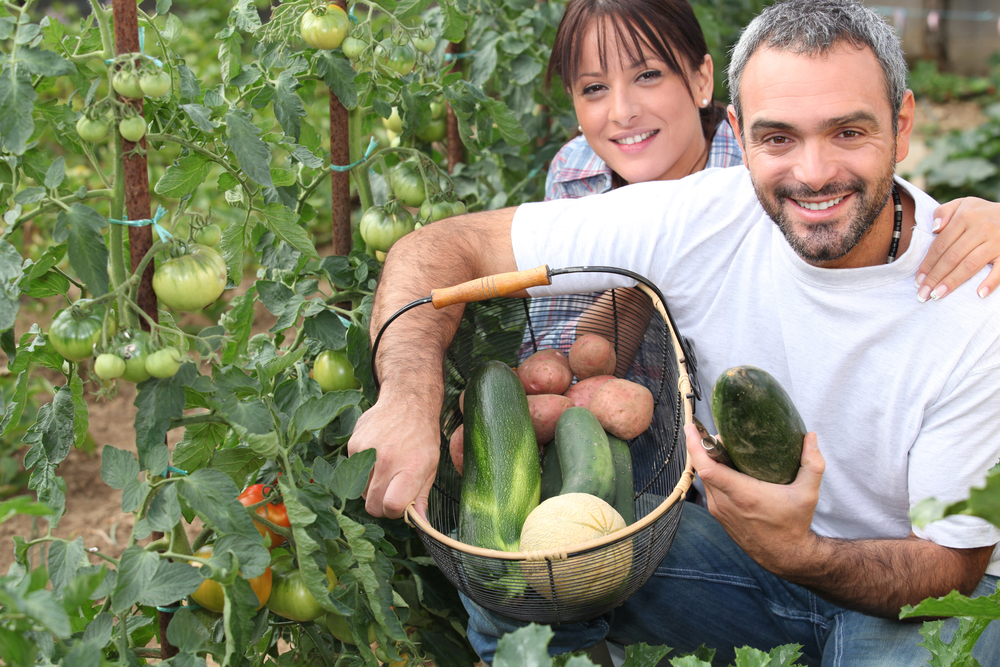Couple with fruit and veg grown in a community garden